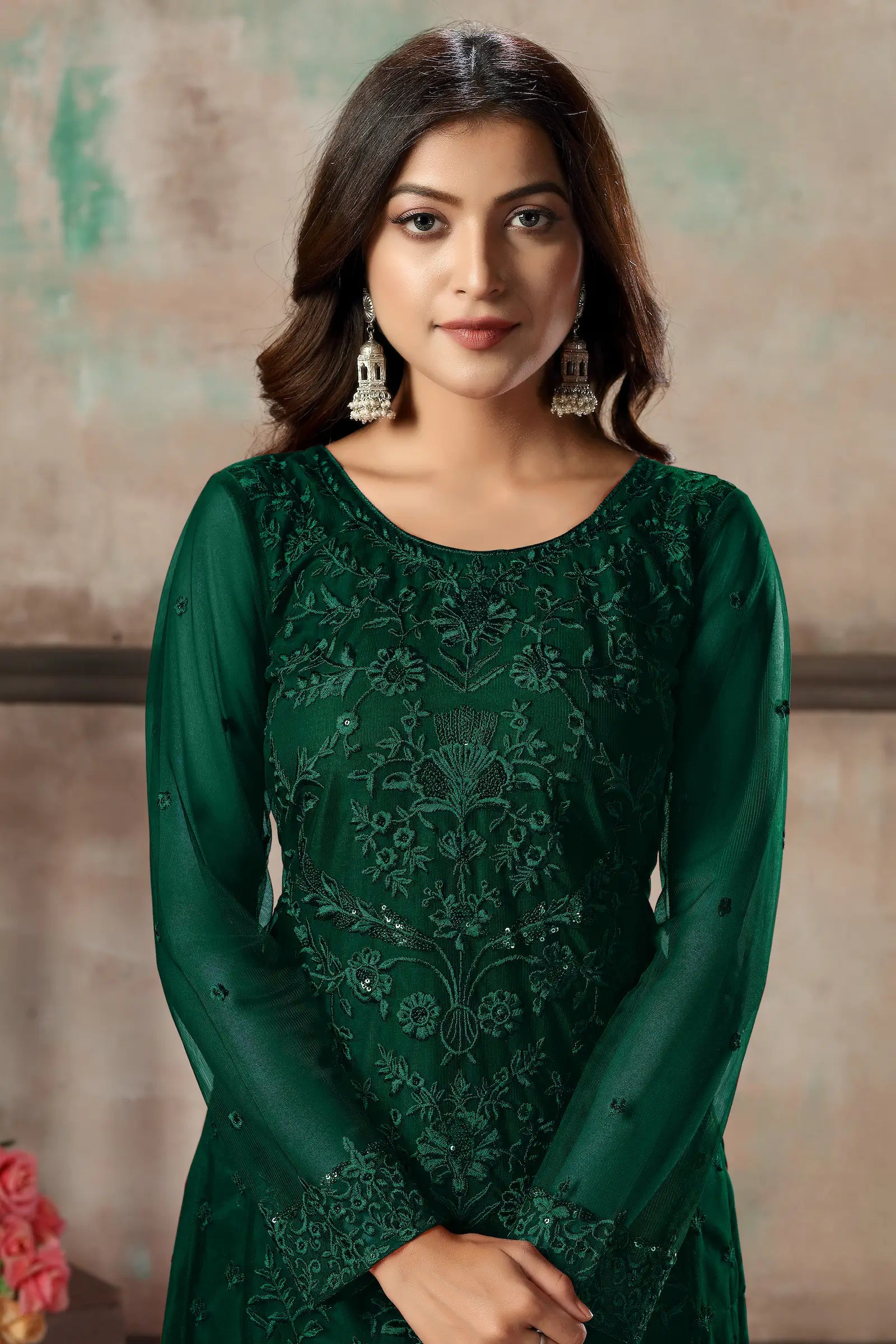 Green Net Salwar Suit With Thread & Sequence Embroidery Work - qivii