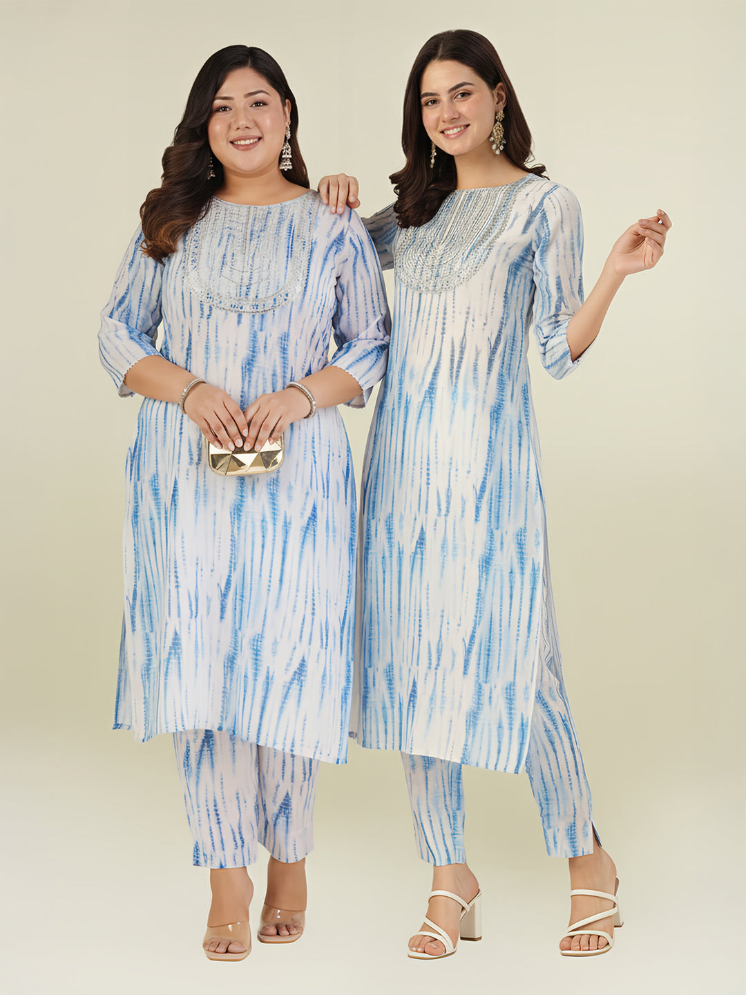 Janasya Women's Plus Size Blue Silk Blend Tie & Dye Yoke Embroidered Straight Kurta Pant Set - qivii