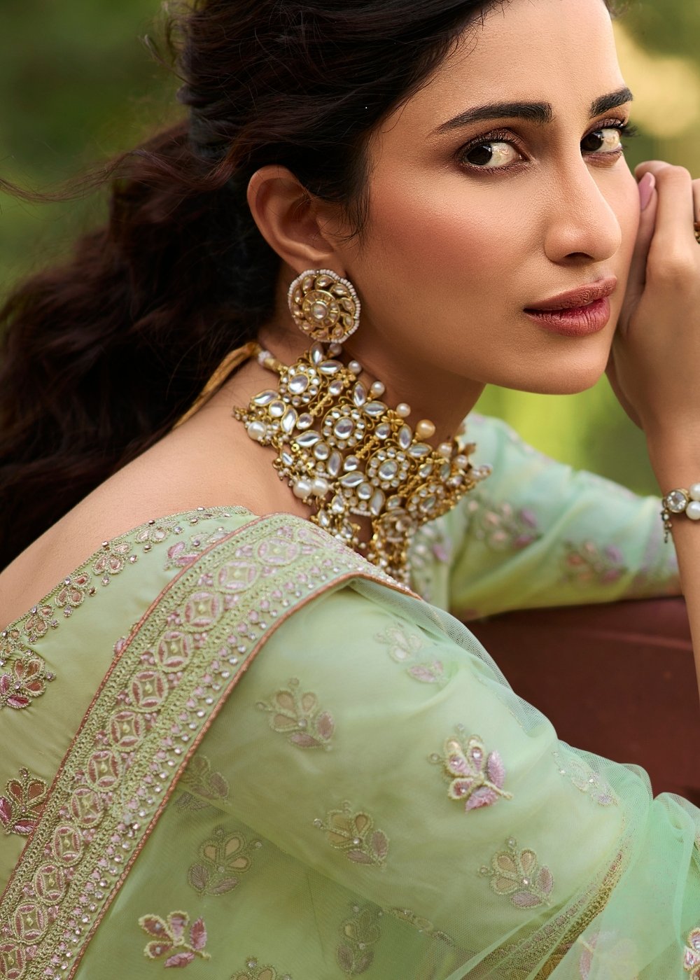 Pastel Green Organza Lehenga Choli with Dori, Thread & Zarkan work | Ready To Wear - qivii