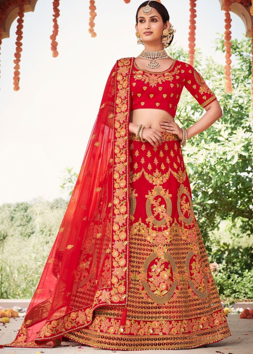 Rose Red Silk Bridal Lehenga Choli with Heavy Thread Embroidery and Stone work | Ready To Wear - qivii
