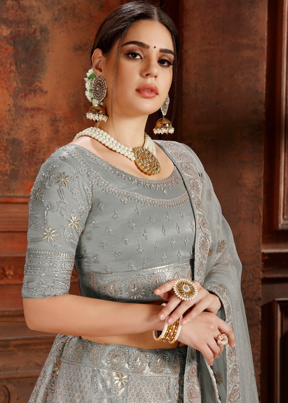 Trout Grey Soft Net Lehenga Choli with Thread,Zari, Zarkan & Pearl work | Ready To Wear - qivii