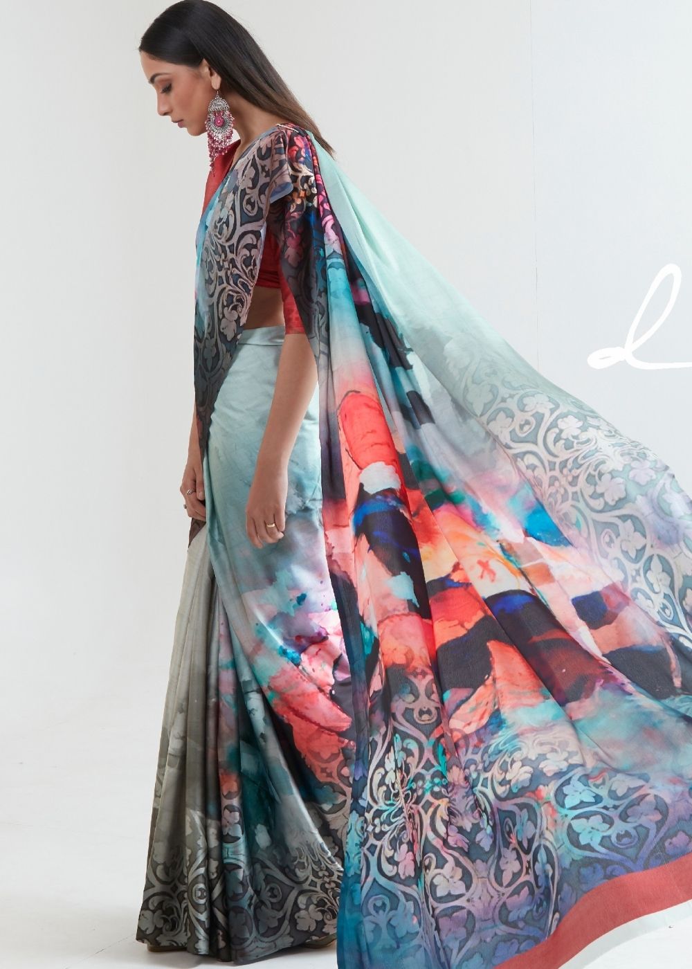 Pastel Green Satin Silk Digital Printed Saree - qivii