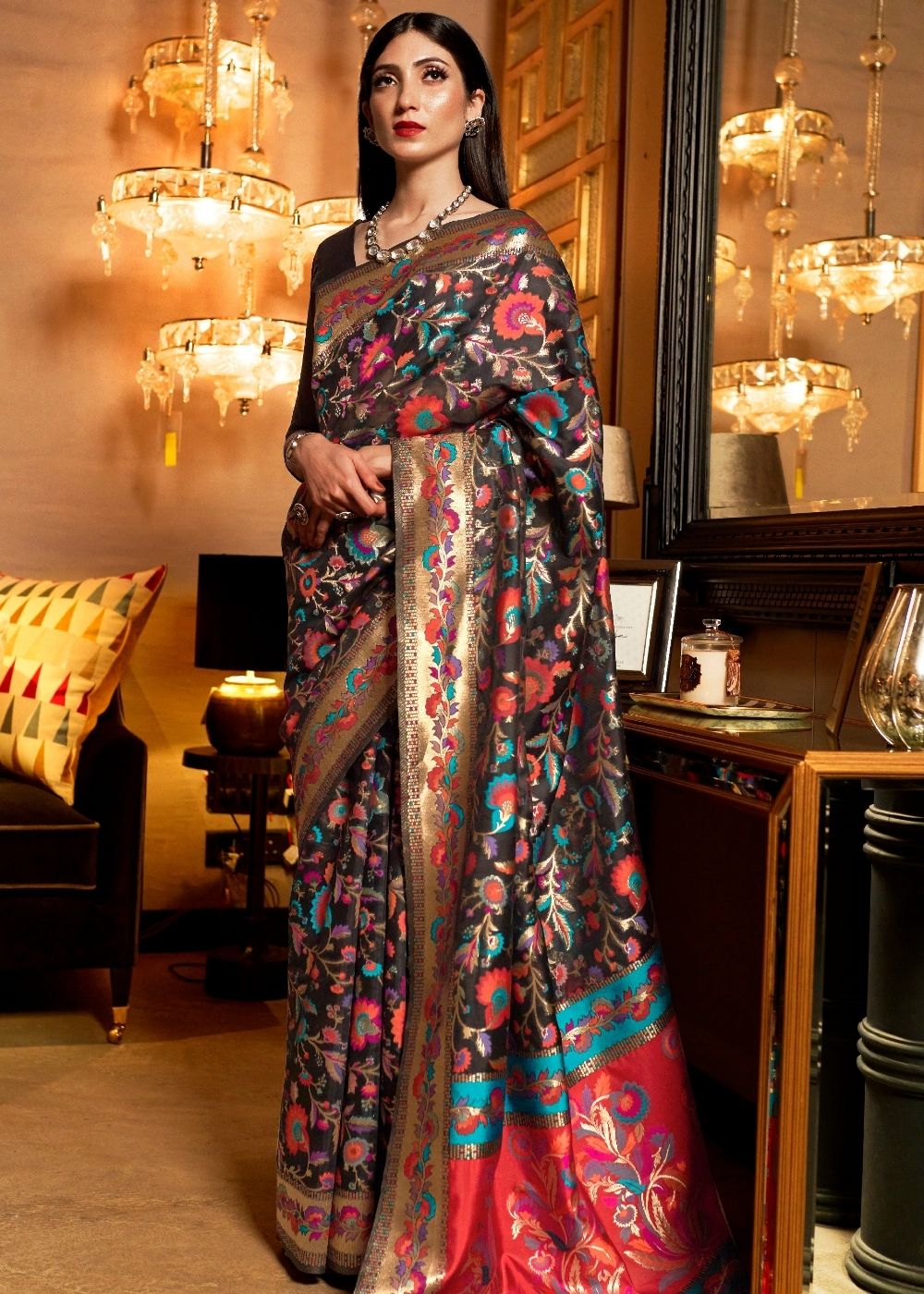 Pebble Black Banarasi Jamawar Woven Silk Saree : Top Pick - qivii