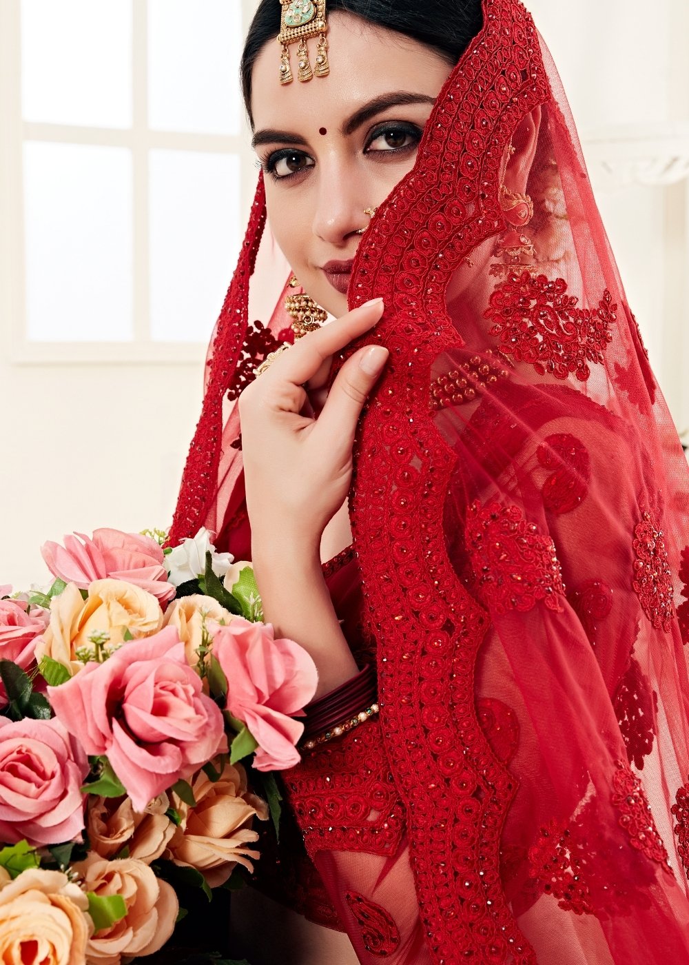 Scarlet Red Soft Net Lehenga Choli with Cording Embroidery & Stonework | Ready To Wear - qivii