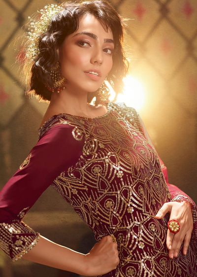 Berry Red Designer Soft Net Sharara Suit with overall Sequins work By Qivii