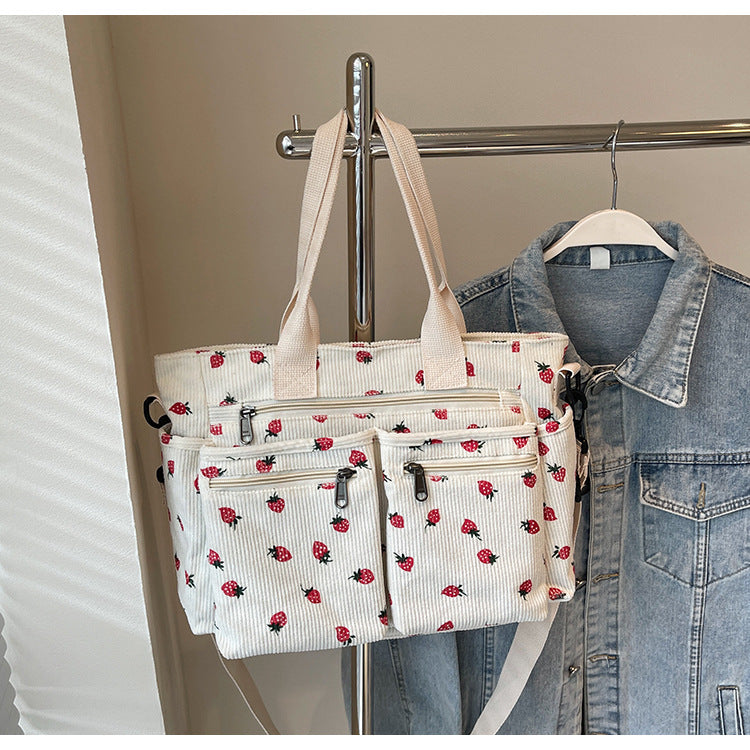 Women's Corduroy Cherry Print Tote Bag – Versatile Women's Strawberry Shoulder & Crossbody Large Capacity Mommy Bag