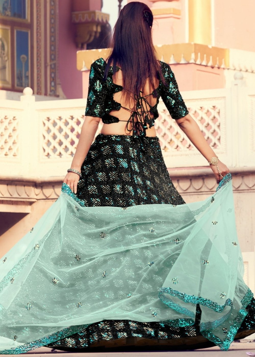 Black & Green Designer Lehenga Choli with Sequins work | Ready To Wear - qivii