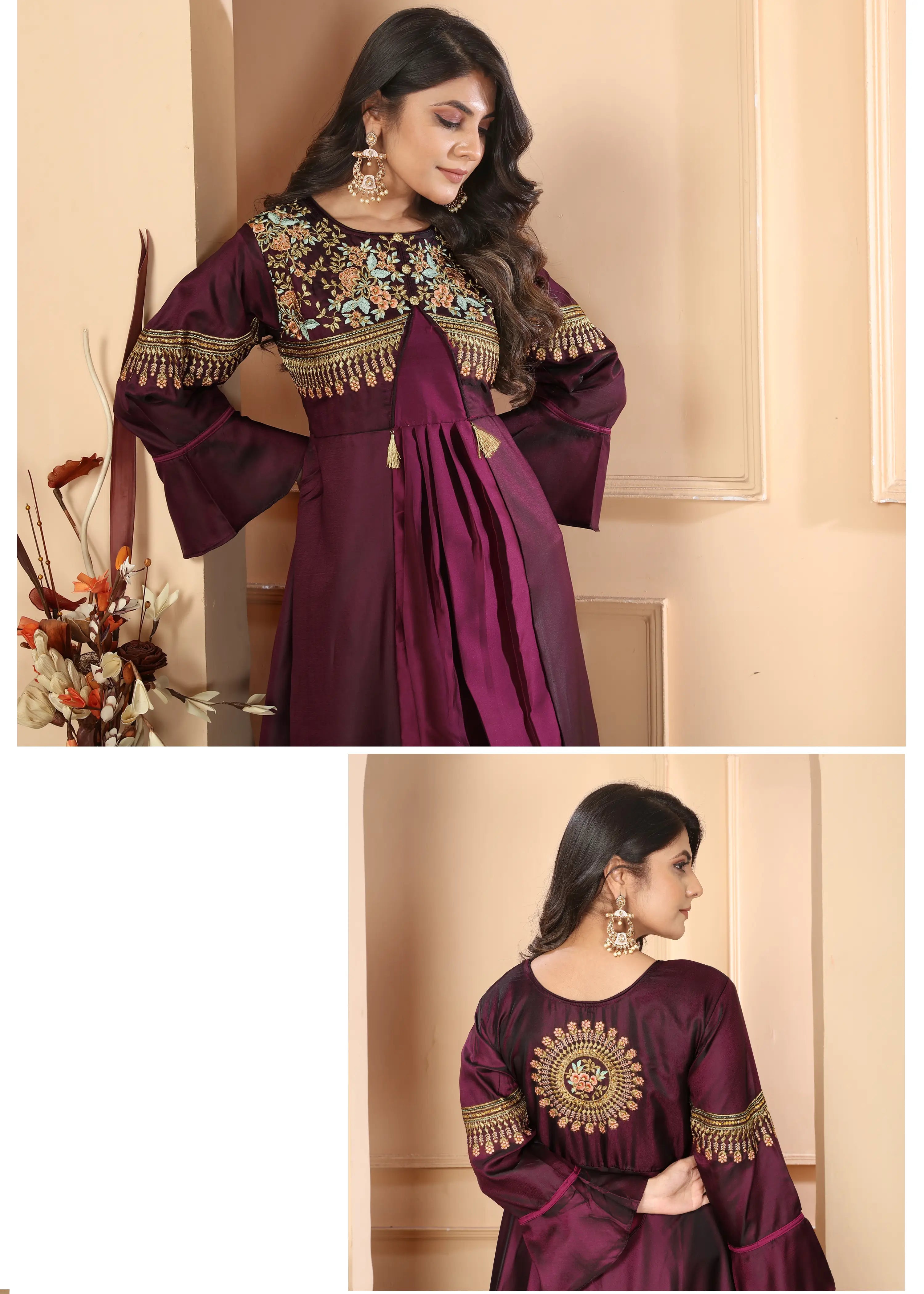 Dark Purple Gown With Heavy Embroidery Work - qivii