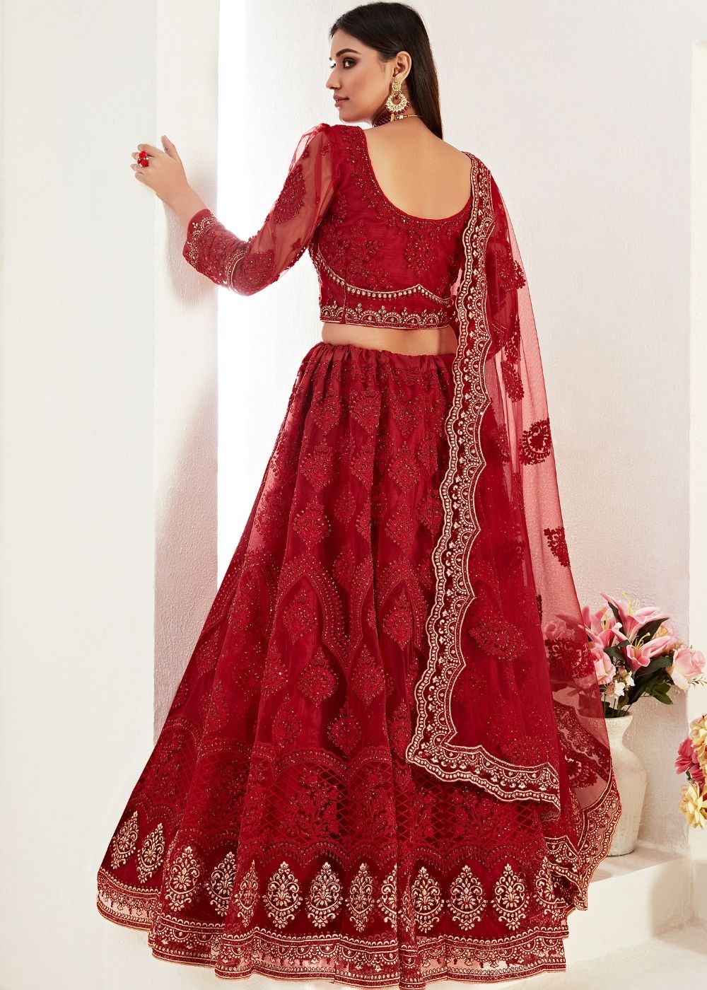 Apple Red Soft Net Lehenga Choli with Coding, Thread, Stonework & Zari Embroidery | Ready To Wear - qivii