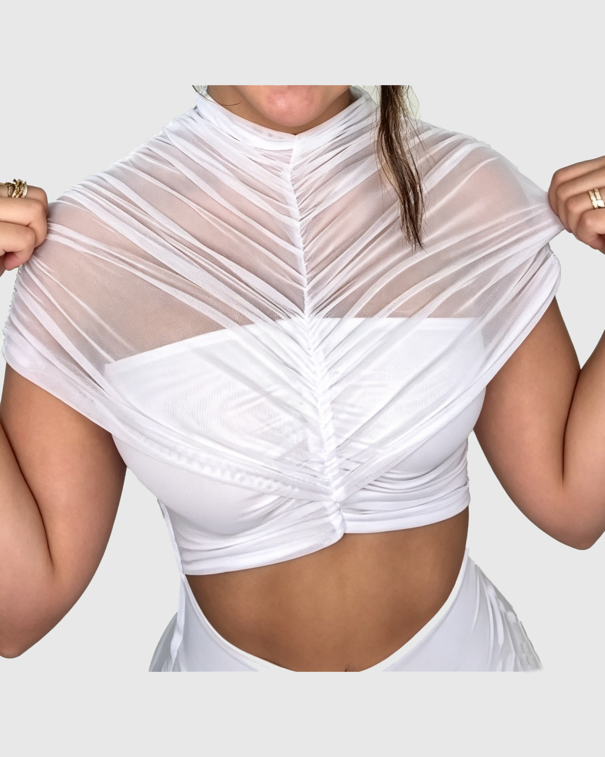 Sheer Mesh High Neck Twist Front Cutout Bodysuit - By Qivii
