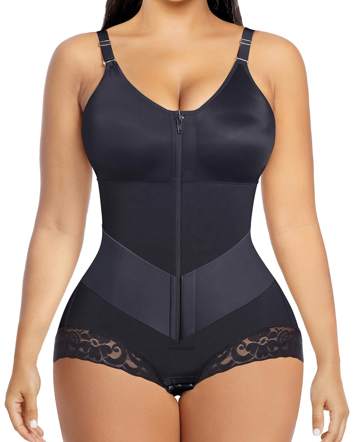 Lace Trim Adjustable Strap Tummy Control Butt Lifting Zipper Bodysuit