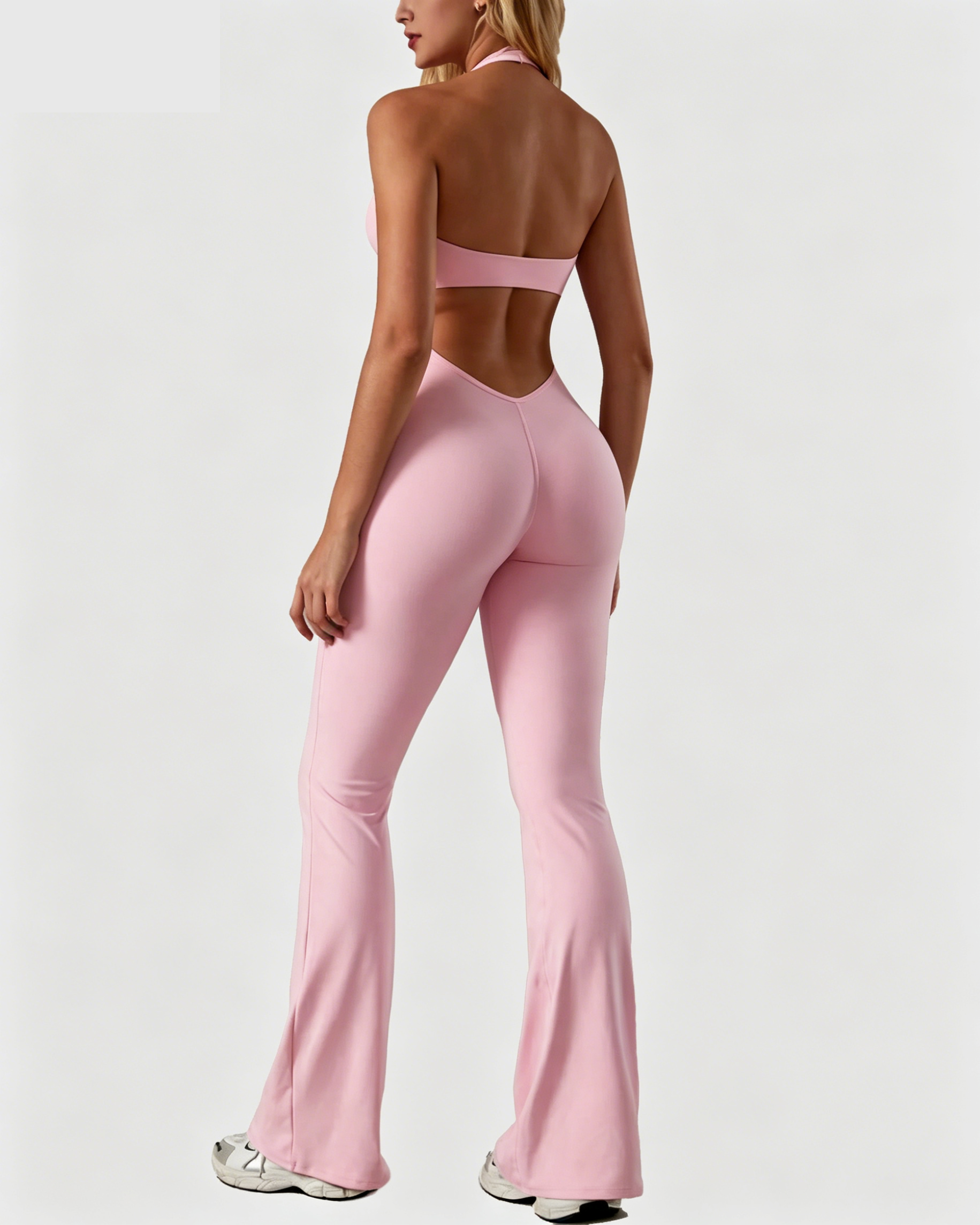 V-neck Lace-trimmed Halter Neck Yoga Sports Fitted Jumpsuit - By Qivii
