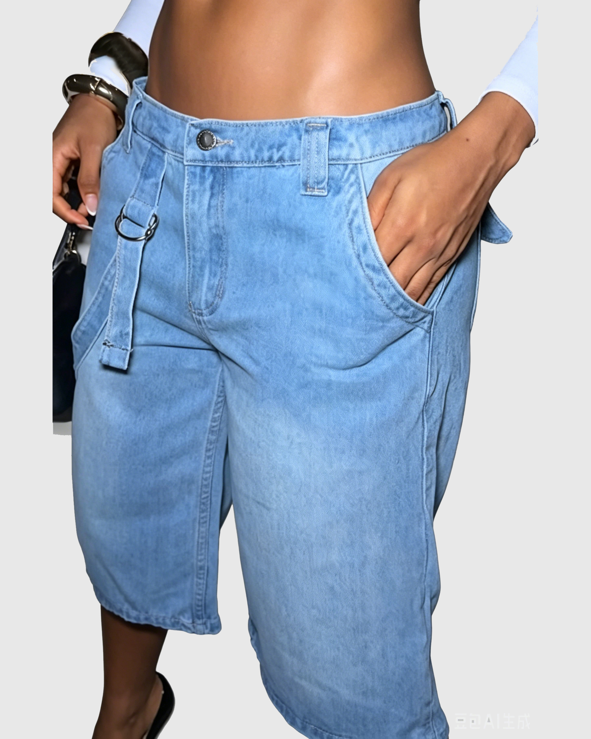 Light Wash Strap Detail Cargo Wide Leg Denim Bermuda Shorts - By Qivii