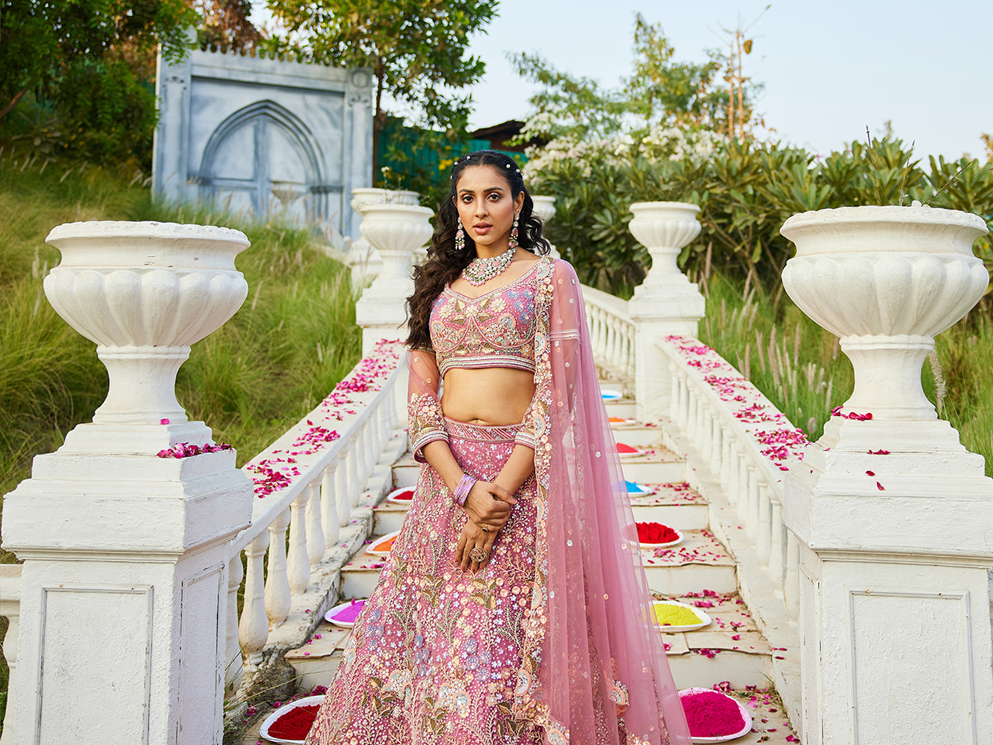 Pink - Multi-Color Sequins Work Heavy Floral Embroidered Using Zarkan & Mirror Net Semi-Stitched Lehenga Choli - qivii