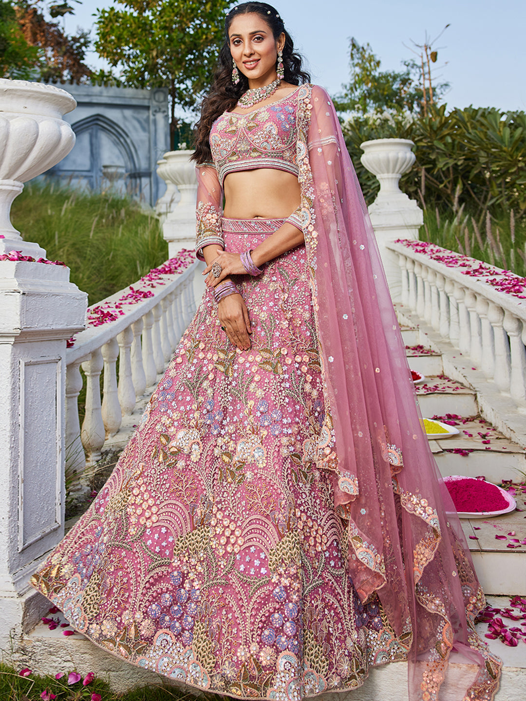 Pink - Multi-Color Sequins Work Heavy Floral Embroidered Using Zarkan & Mirror Net Semi-Stitched Lehenga Choli - qivii