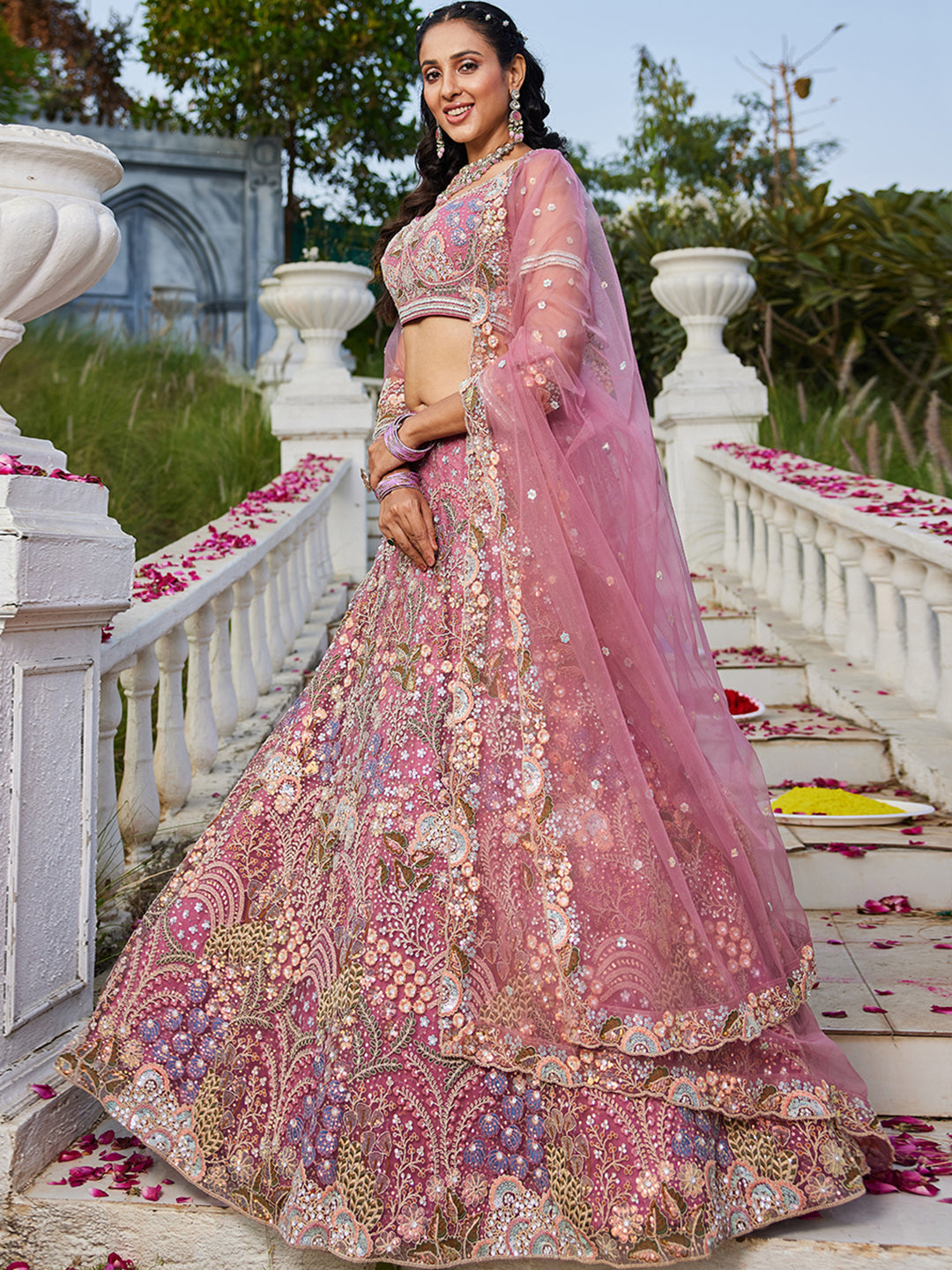 Pink - Multi-Color Sequins Work Heavy Floral Embroidered Using Zarkan & Mirror Net Semi-Stitched Lehenga Choli - qivii