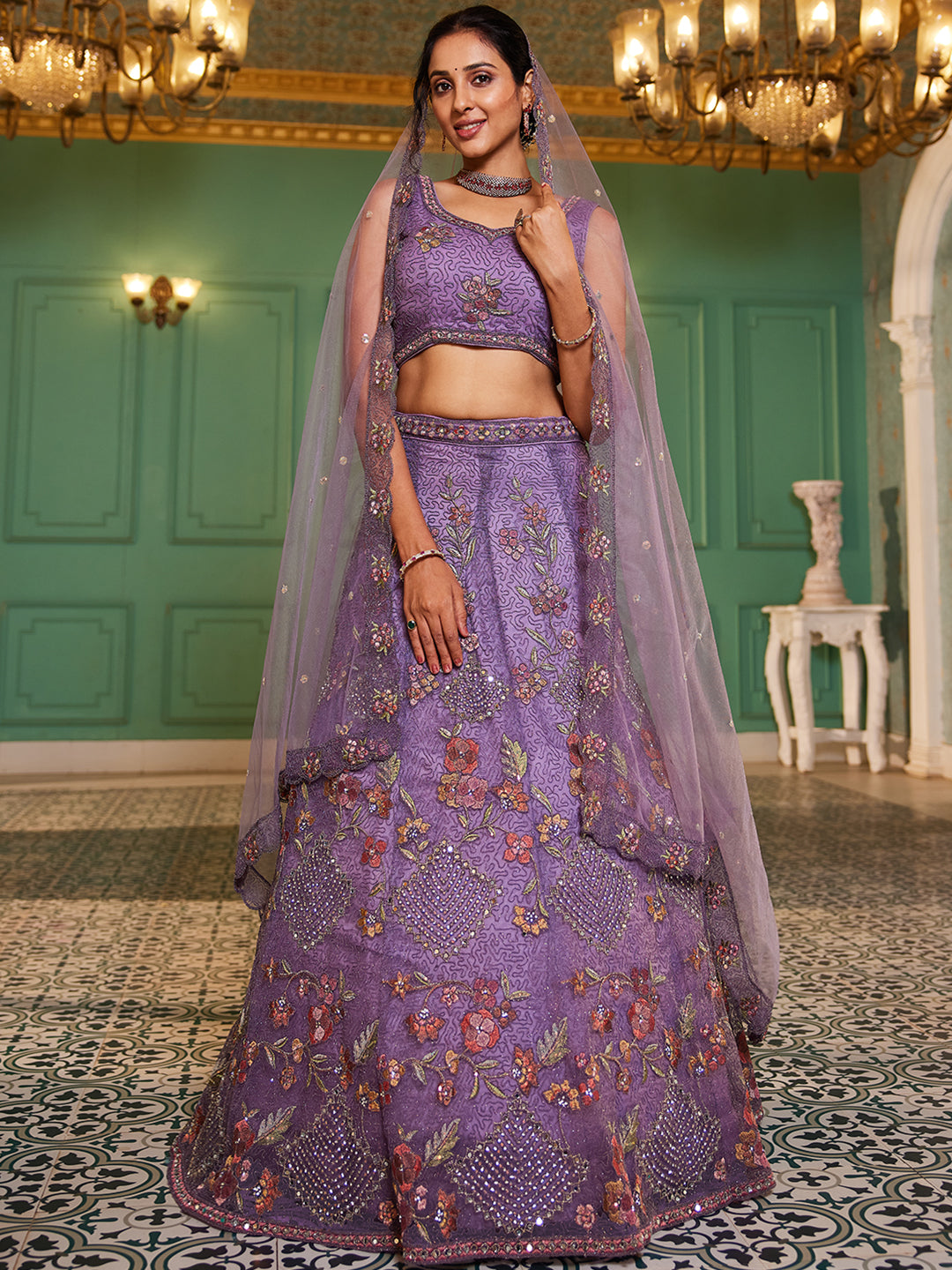 Lavender - Net Embroidered using Thread, Coding, Sequins, Zarkan, Mirror Work Semi-Stitched Lehenga Choli - qivii