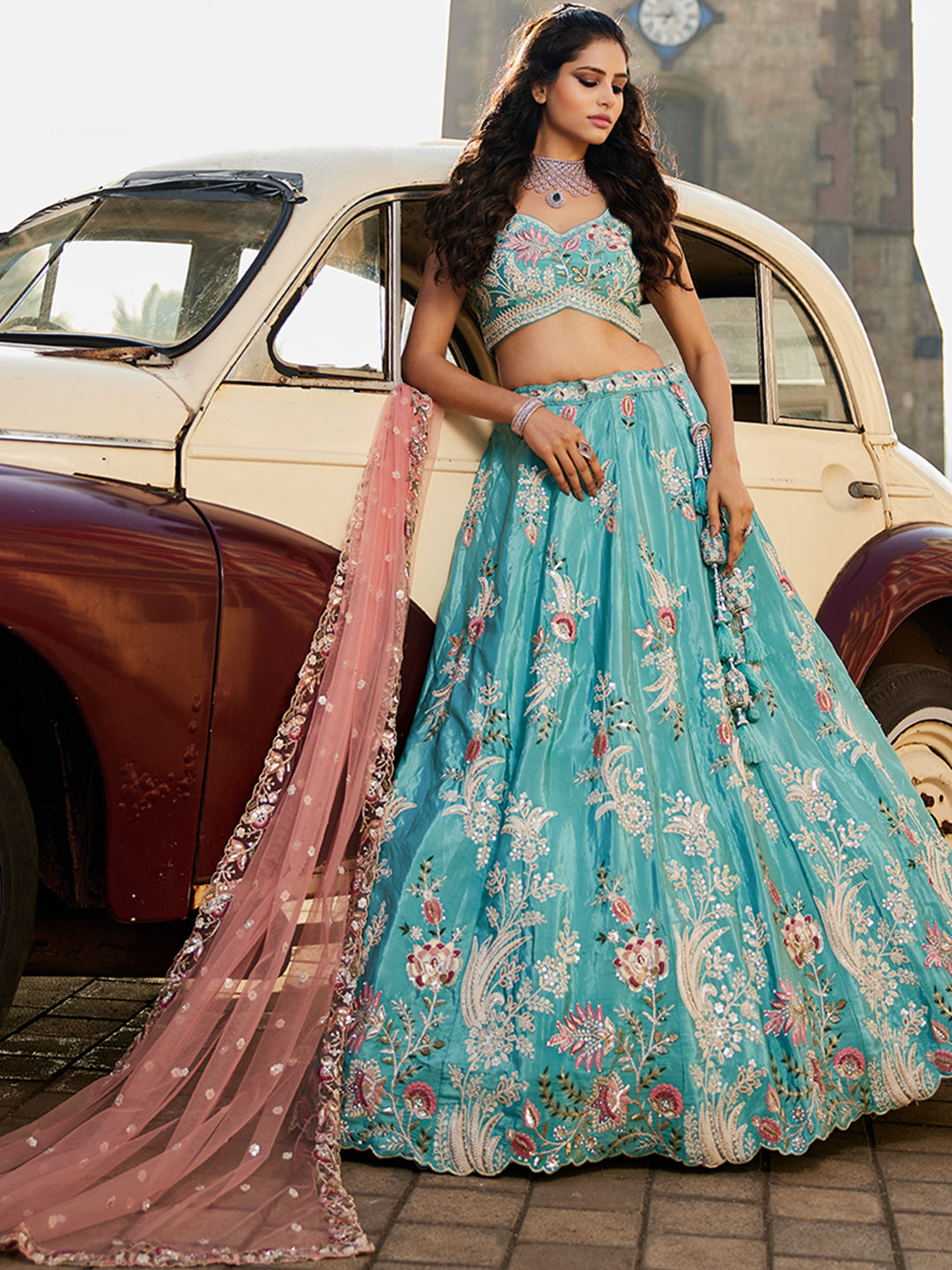 TURQUOISEBLUE - Satin Silk Fabric Sequins embroidery Semi-Stitched Lehenga choli & Dupatta - qivii