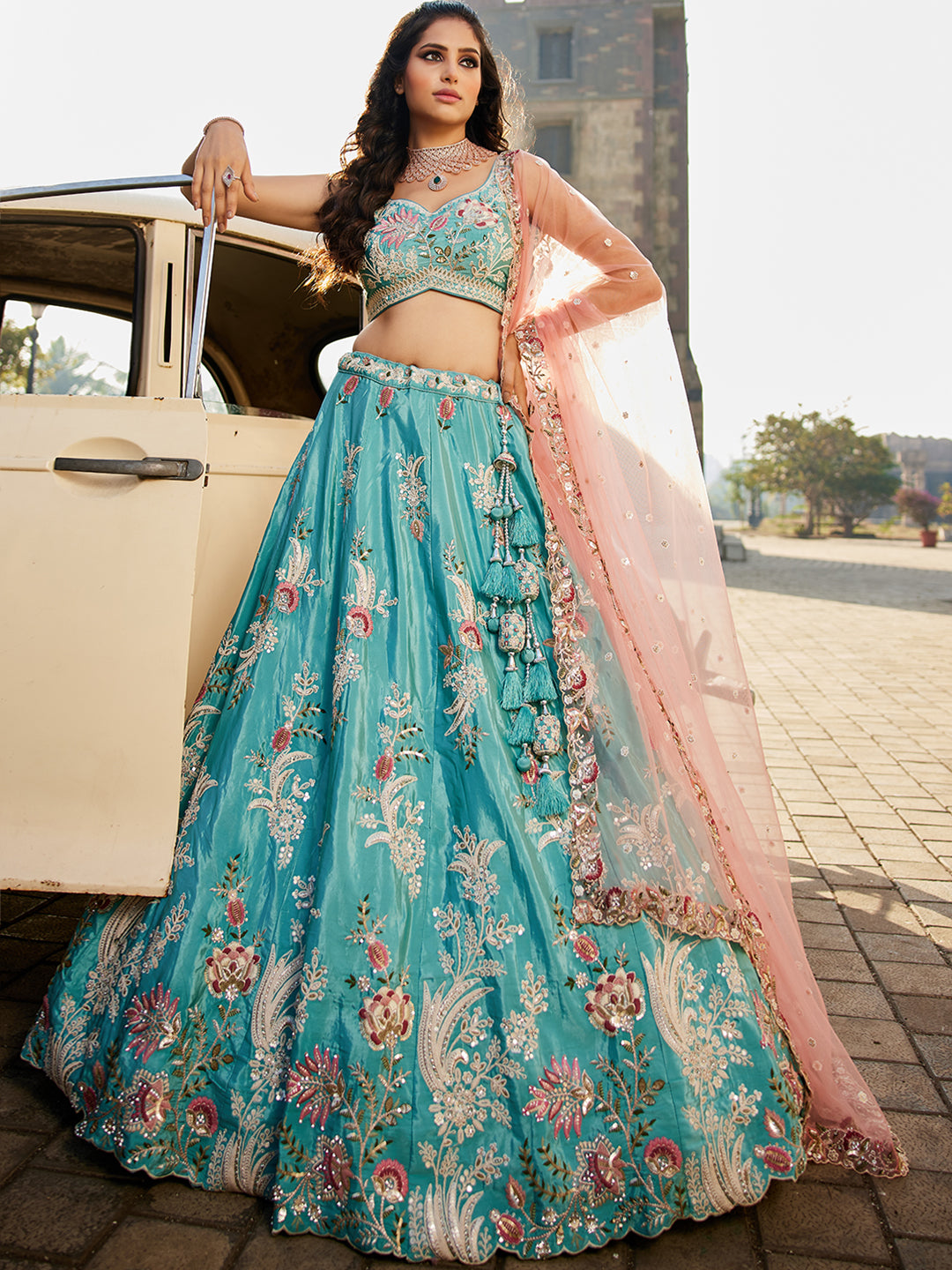TURQUOISEBLUE - Satin Silk Fabric Sequins embroidery Semi-Stitched Lehenga choli & Dupatta - qivii