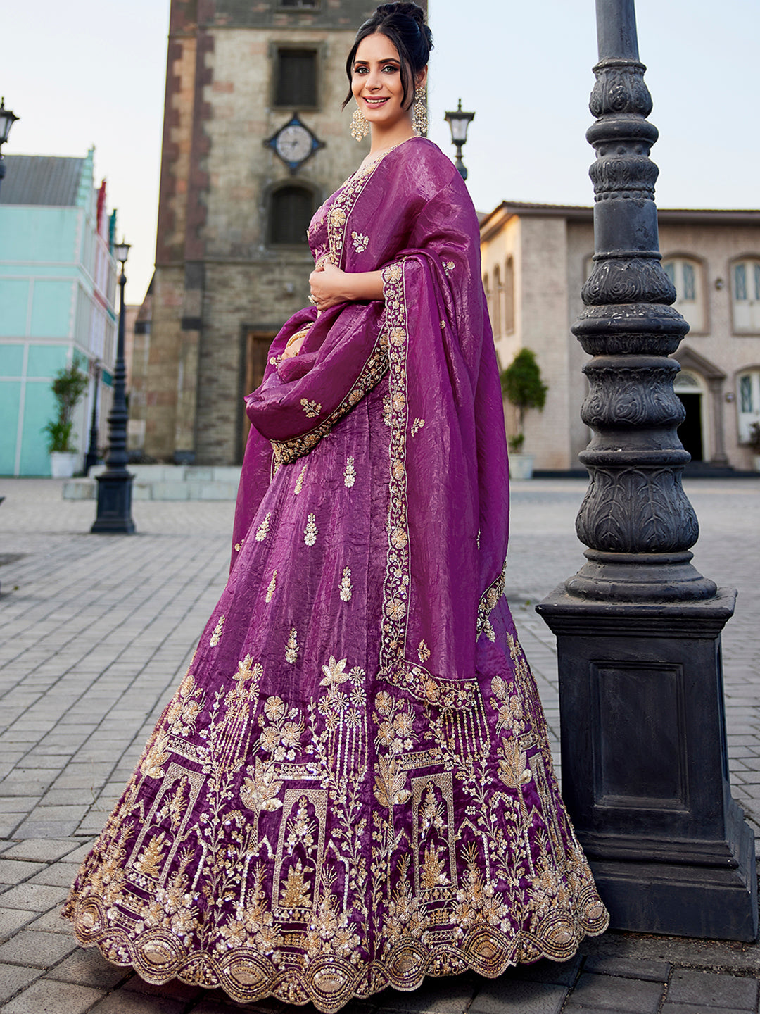 BURGUNDY - Tissue Fabric Handwork cutdana embroidery Semi-Stitched Lehenga choli & Dupatta - qivii