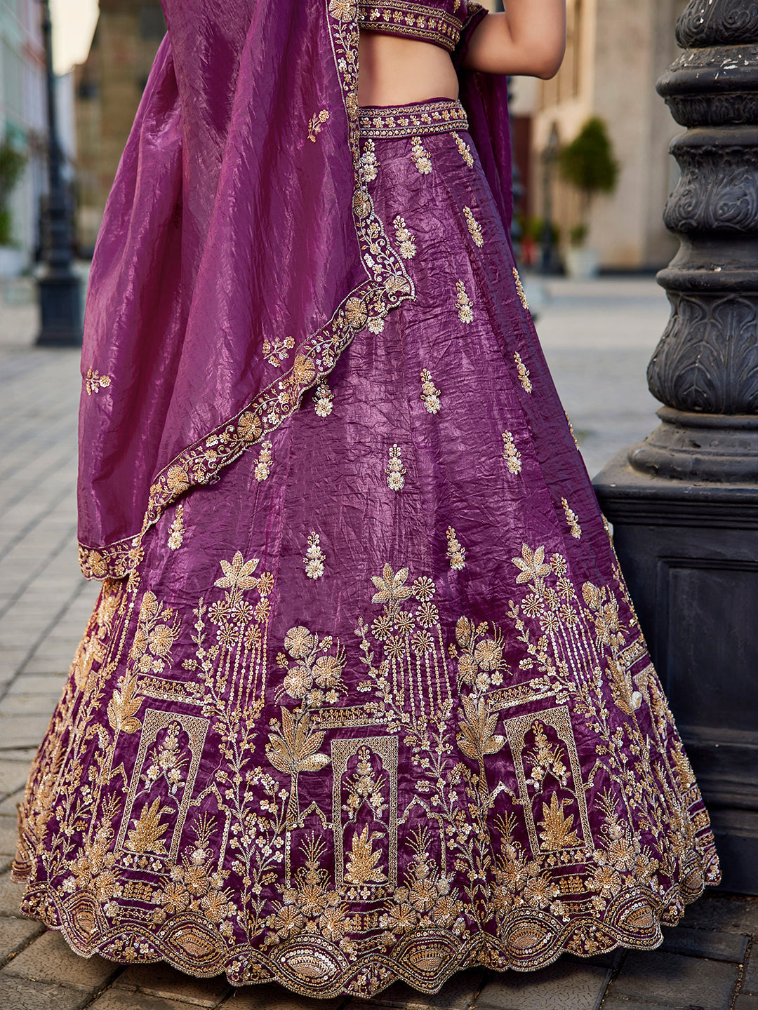 BURGUNDY - Tissue Fabric Handwork cutdana embroidery Semi-Stitched Lehenga choli & Dupatta - qivii