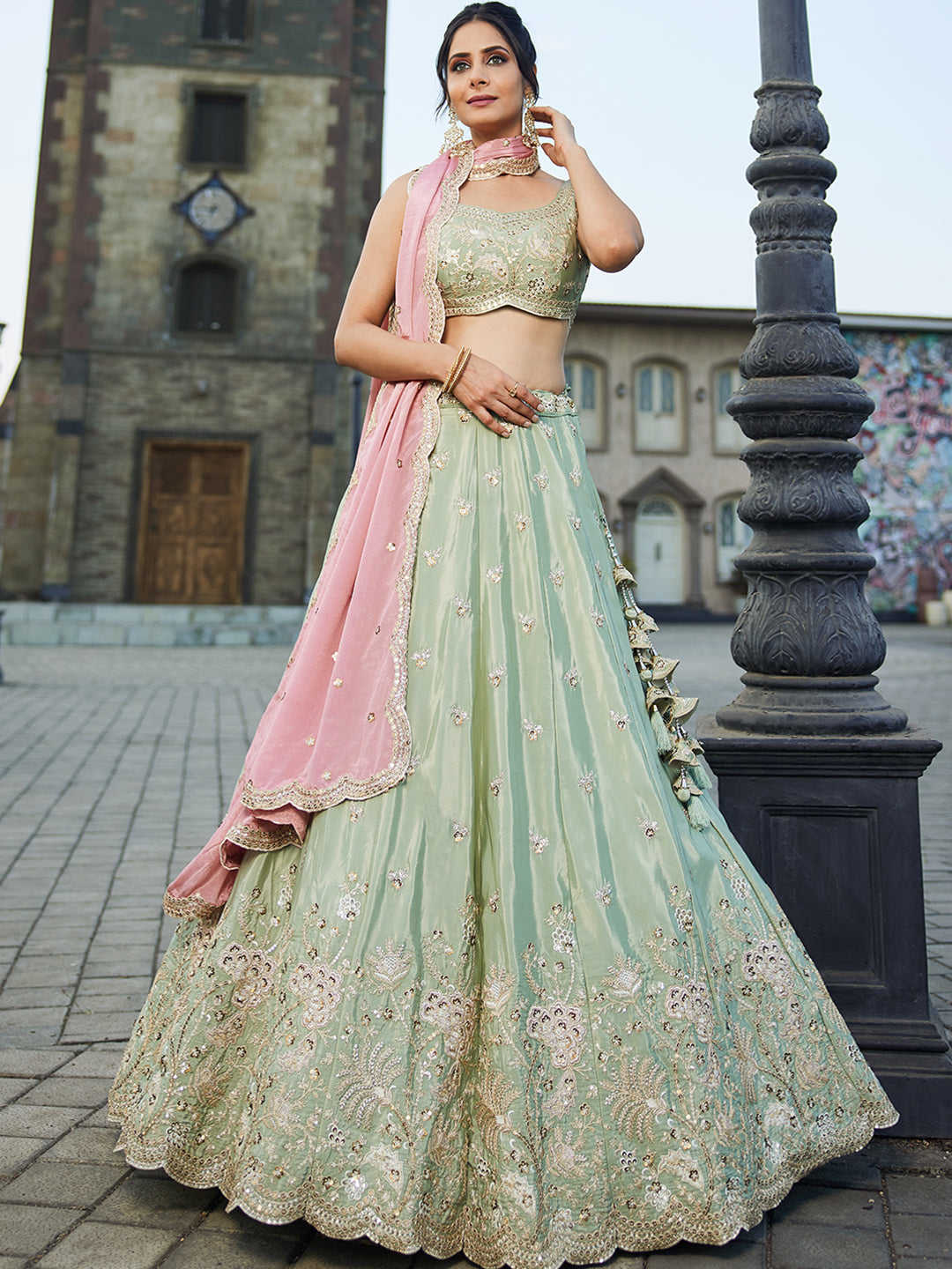 LIMEGREE - Satin Silk Fabric Sequins embroidery Semi-Stitched Lehenga choli & Dupatta - qivii