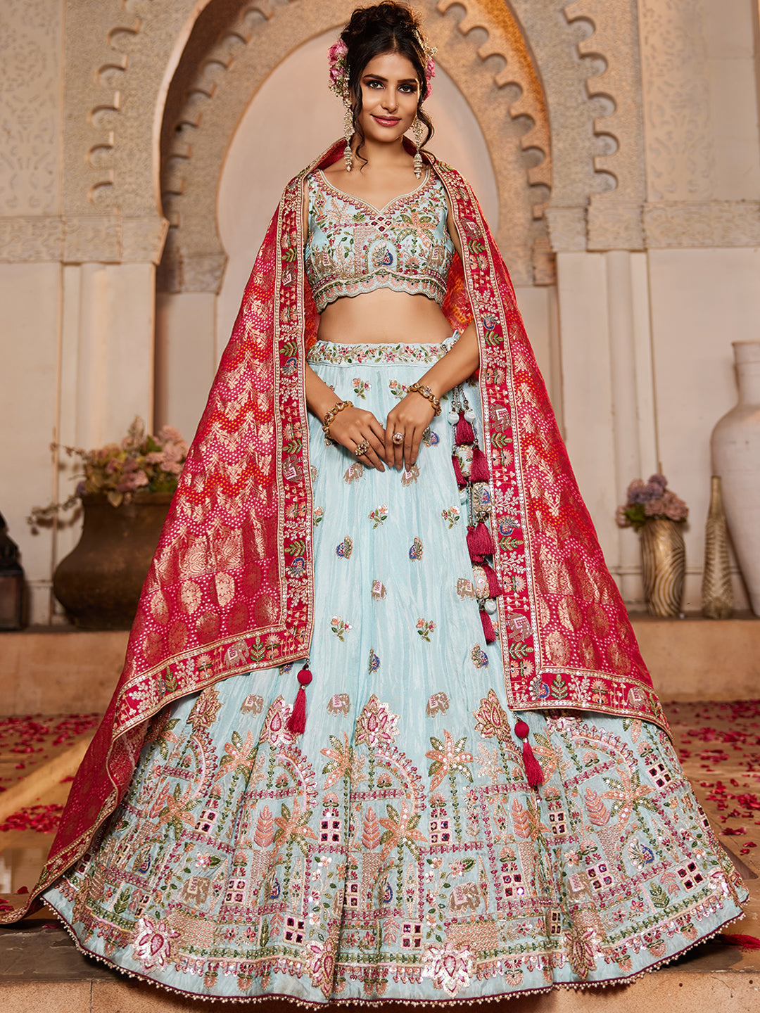 Blue - Tissue Mirror embroidery Semi-Stitched Lehenga choli & Dupatta