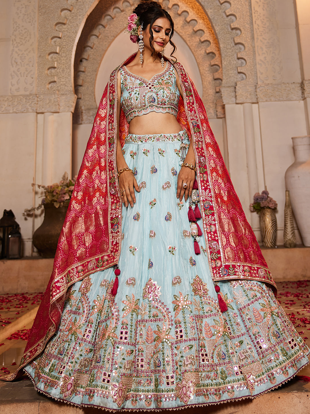 Blue - Tissue Mirror embroidery Semi-Stitched Lehenga choli & Dupatta