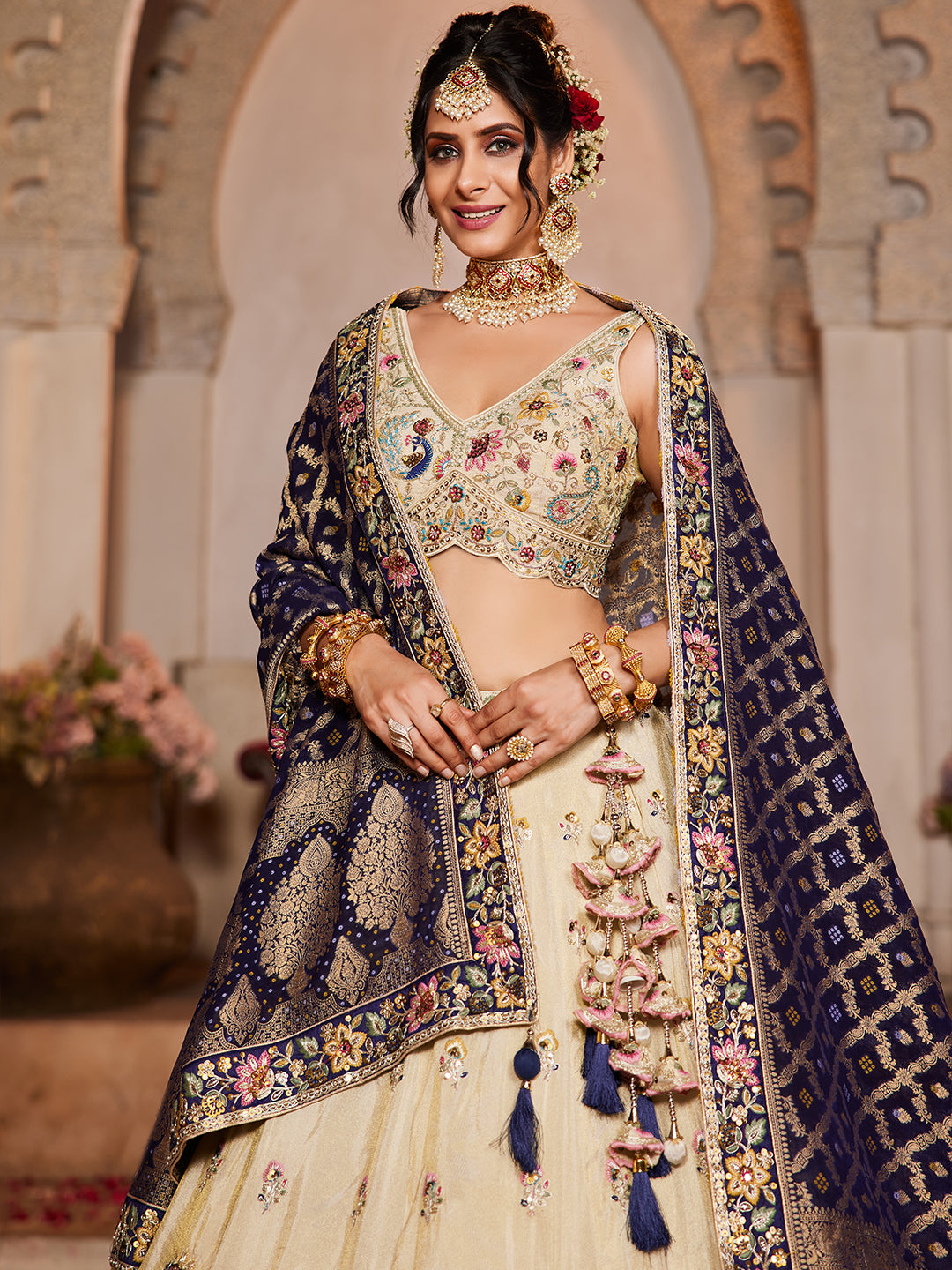 NAVY BLUE - Tissue Fabric Sequinse embroidery Semi-Stitched Lehenga choli & Dupatta - qivii