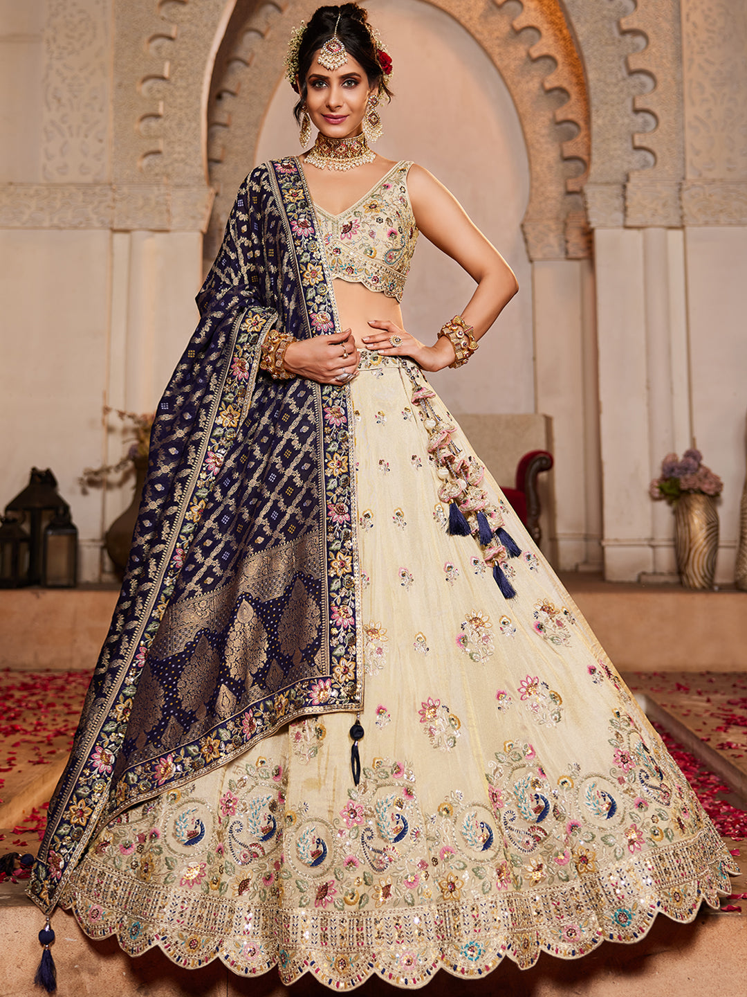 NAVY BLUE - Tissue Fabric Sequinse embroidery Semi-Stitched Lehenga choli & Dupatta - qivii