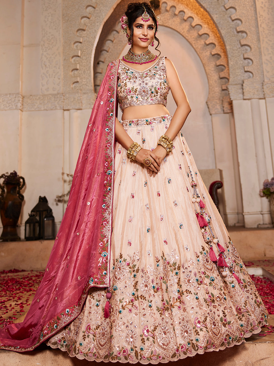 Pink - Tissue Sequinse embroidery Semi-Stitched Lehenga choli & Dupatta