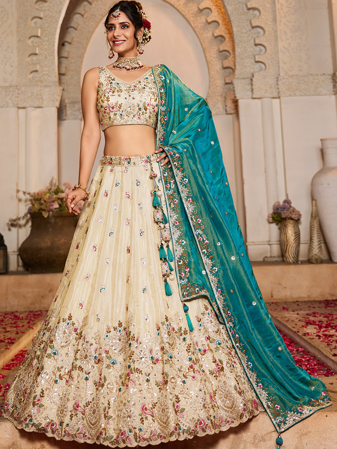 Teal - Tissue Sequinse embroidery Semi-Stitched Lehenga choli & Dupatta
