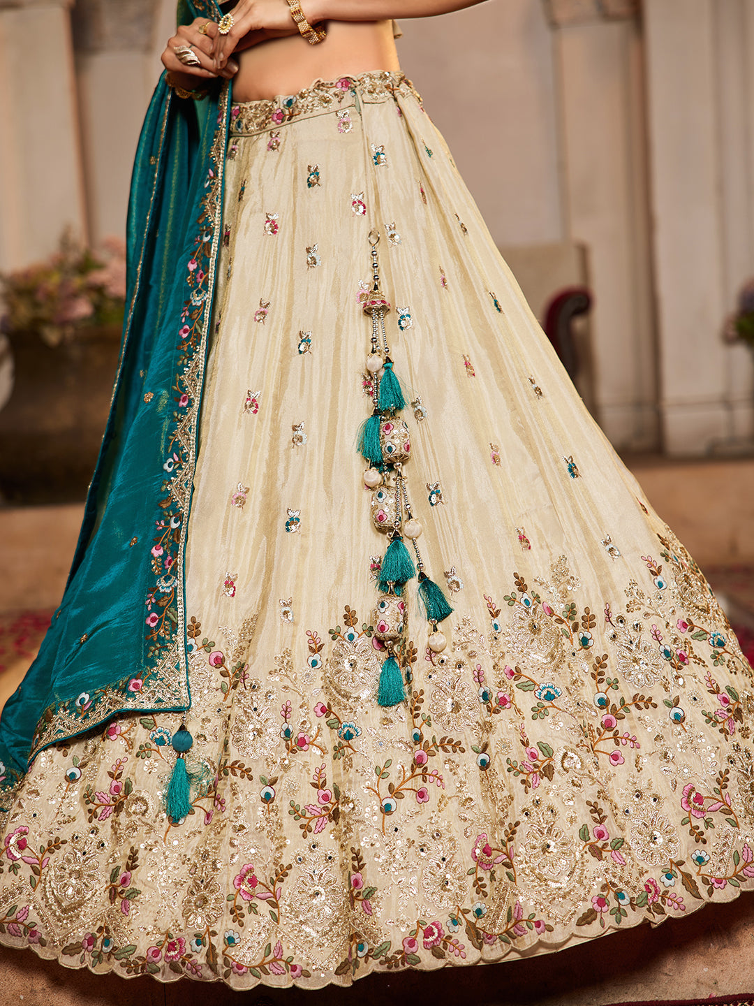 Teal - Tissue Sequinse embroidery Lehenga choli & Dupatta