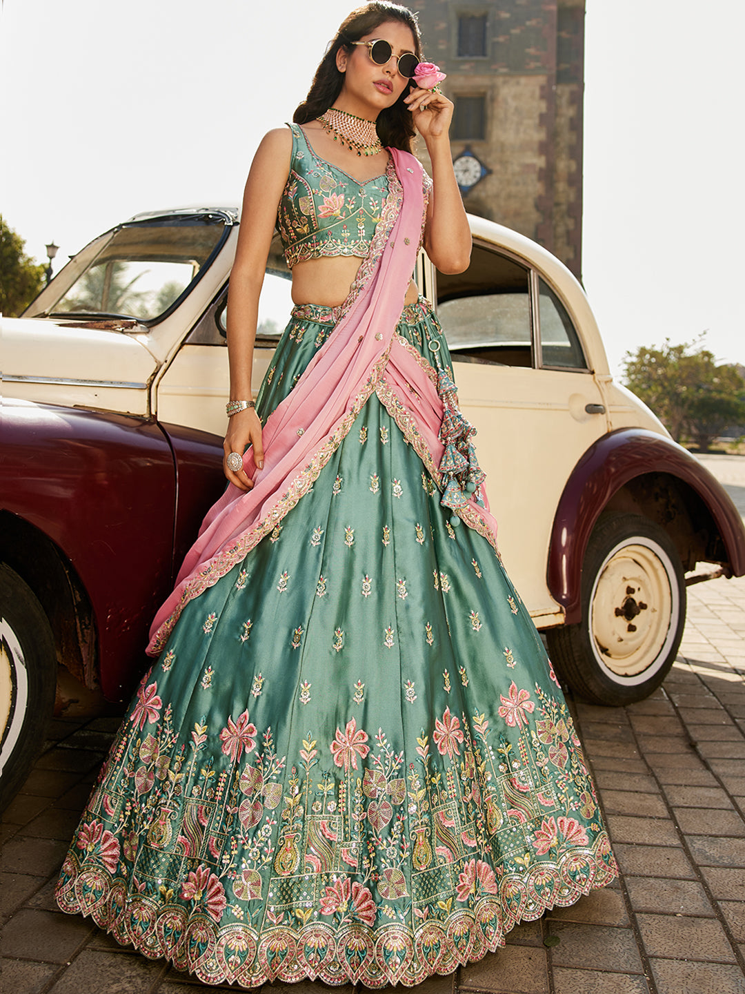 Limegreen - Georgette Sequins embroidery Lehenga choli & Dupatta