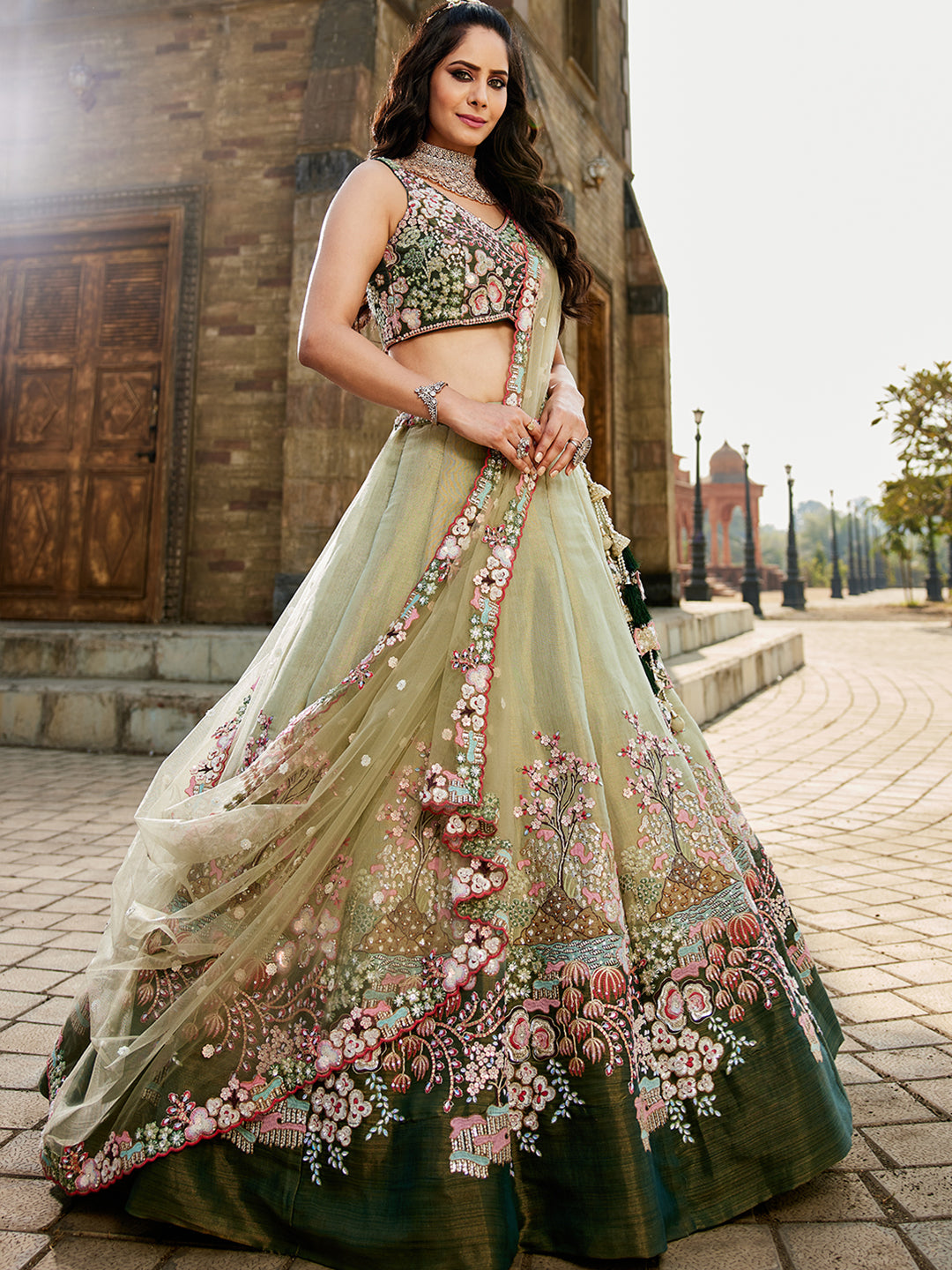 GREEN - Net Sequinse embroidery Semi-Stitched Lehenga choli & Dupatta - qivii