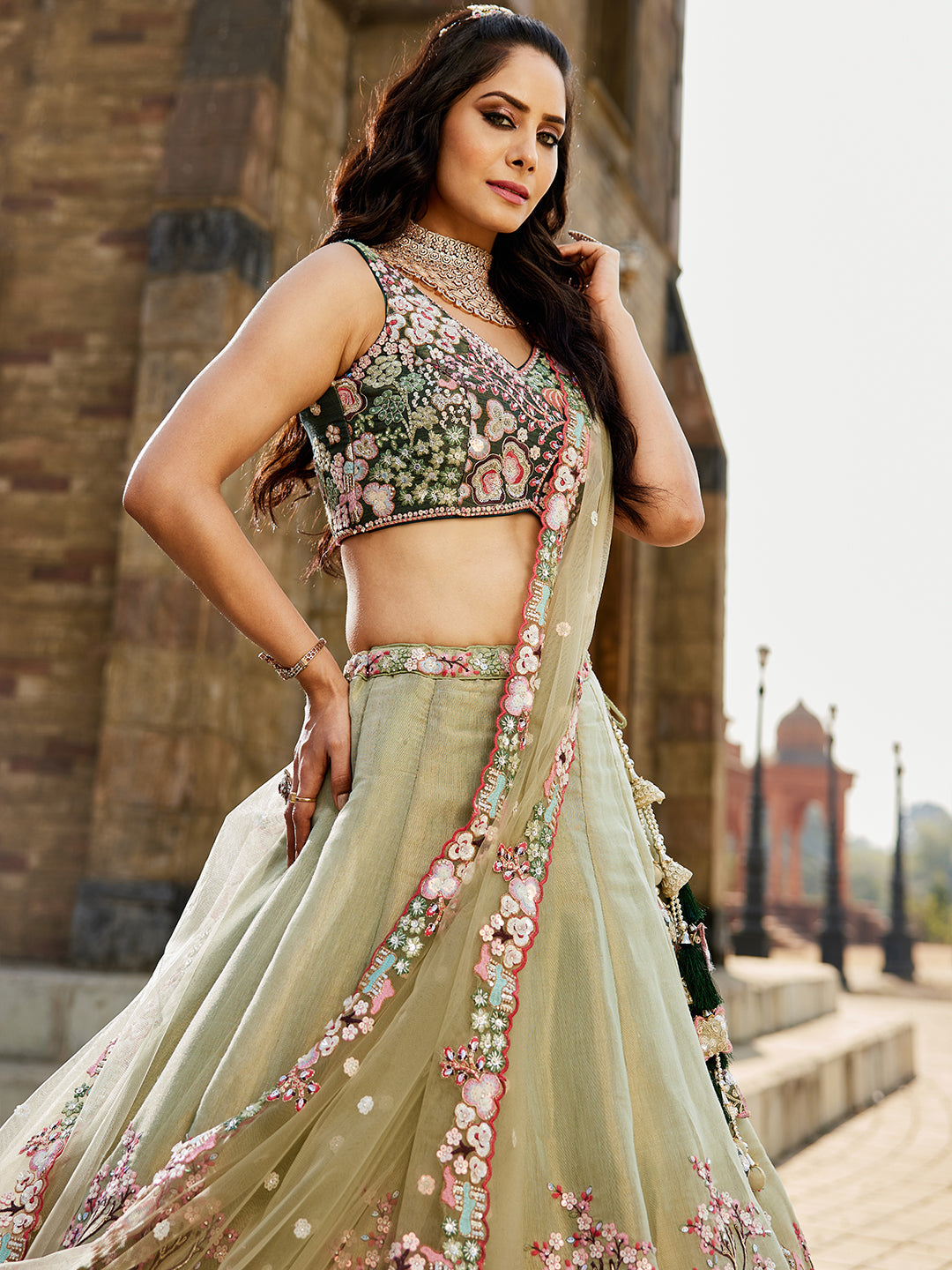 GREEN - Net Sequinse embroidery Semi-Stitched Lehenga choli & Dupatta - qivii