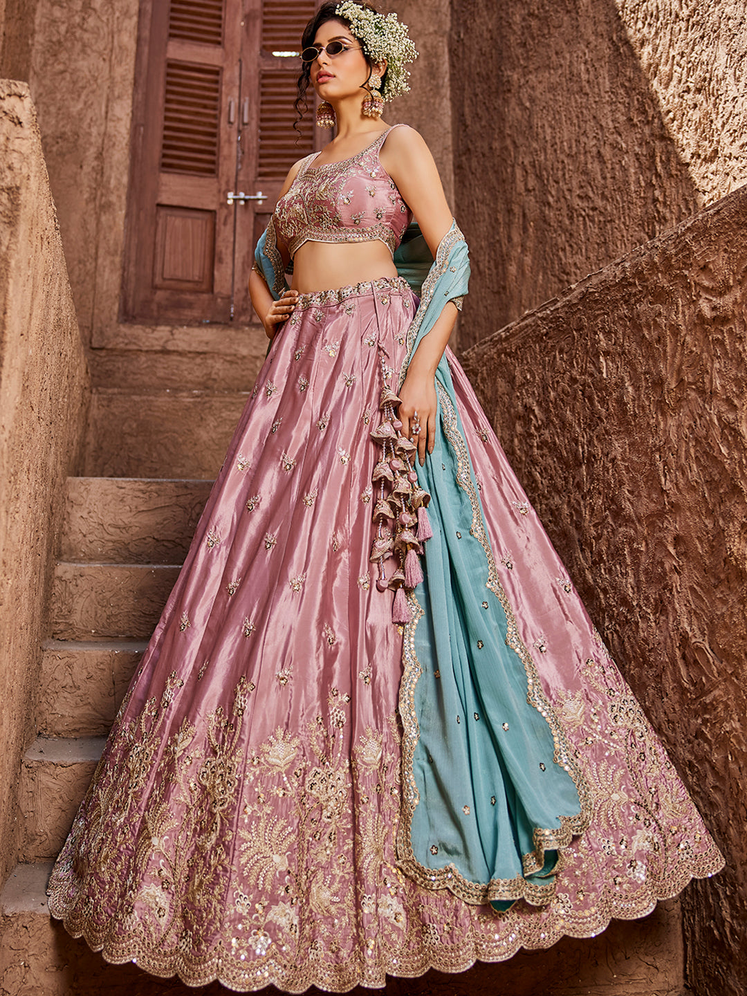 PINK - Satin Silk Fabric Sequins embroidery Semi-Stitched Lehenga choli & Dupatta - qivii