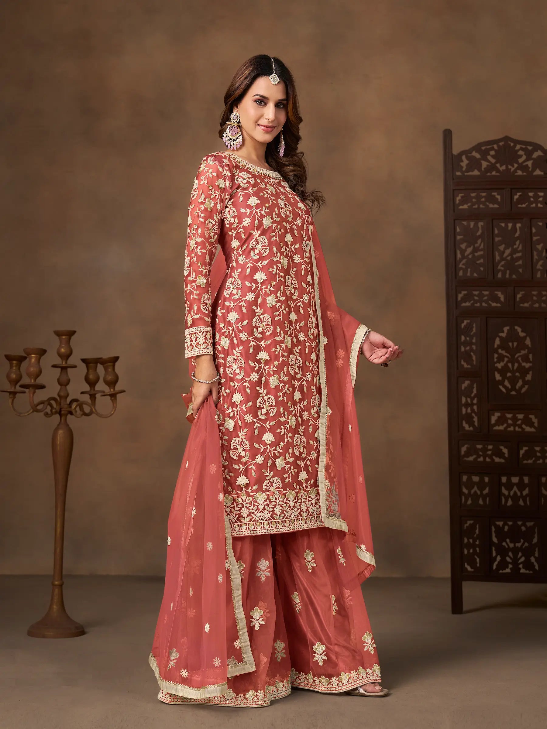 Pastel Red Net Embroidery Palazzo Suit