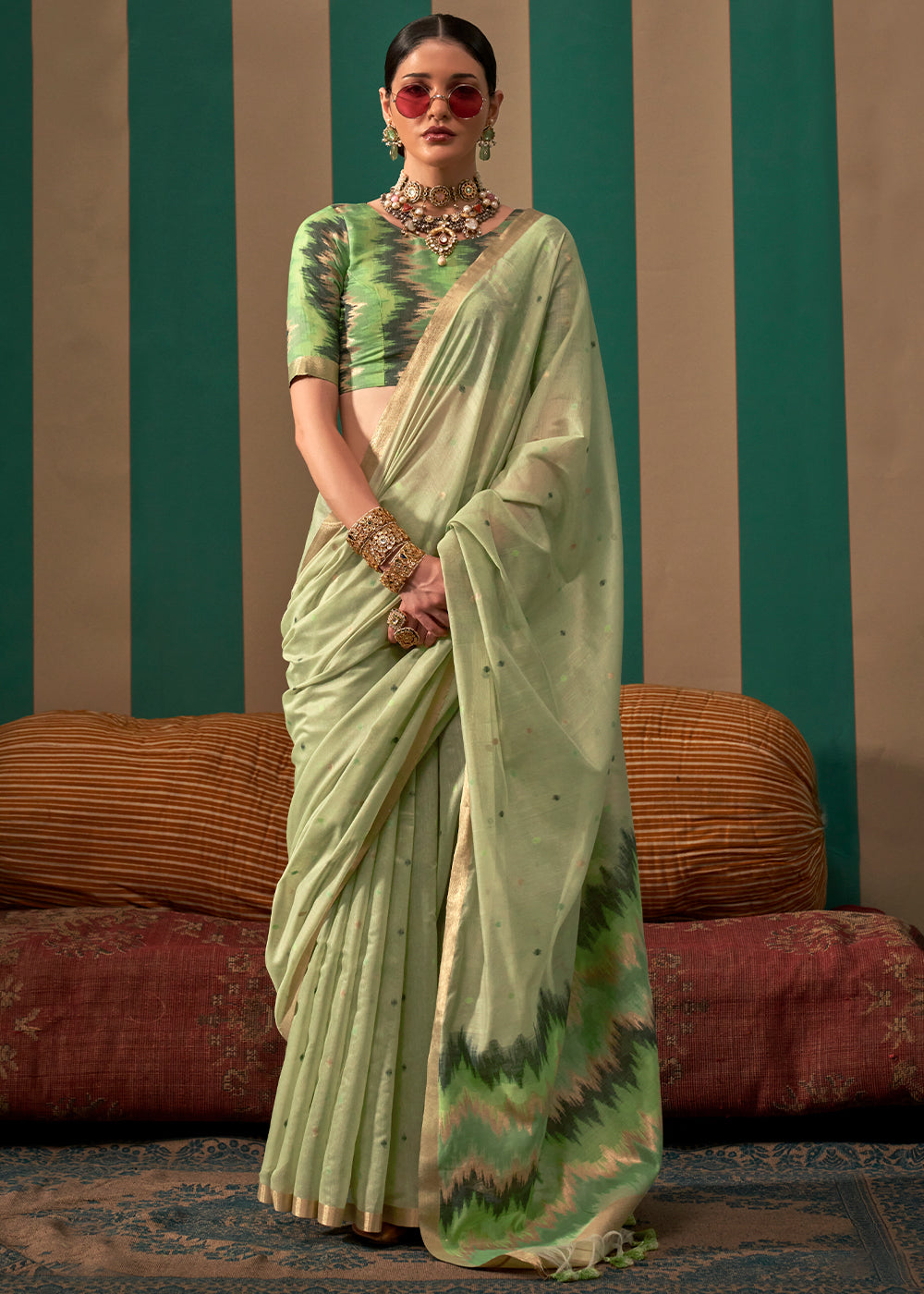 Pastel Green Handloom Woven Silk Saree - qivii