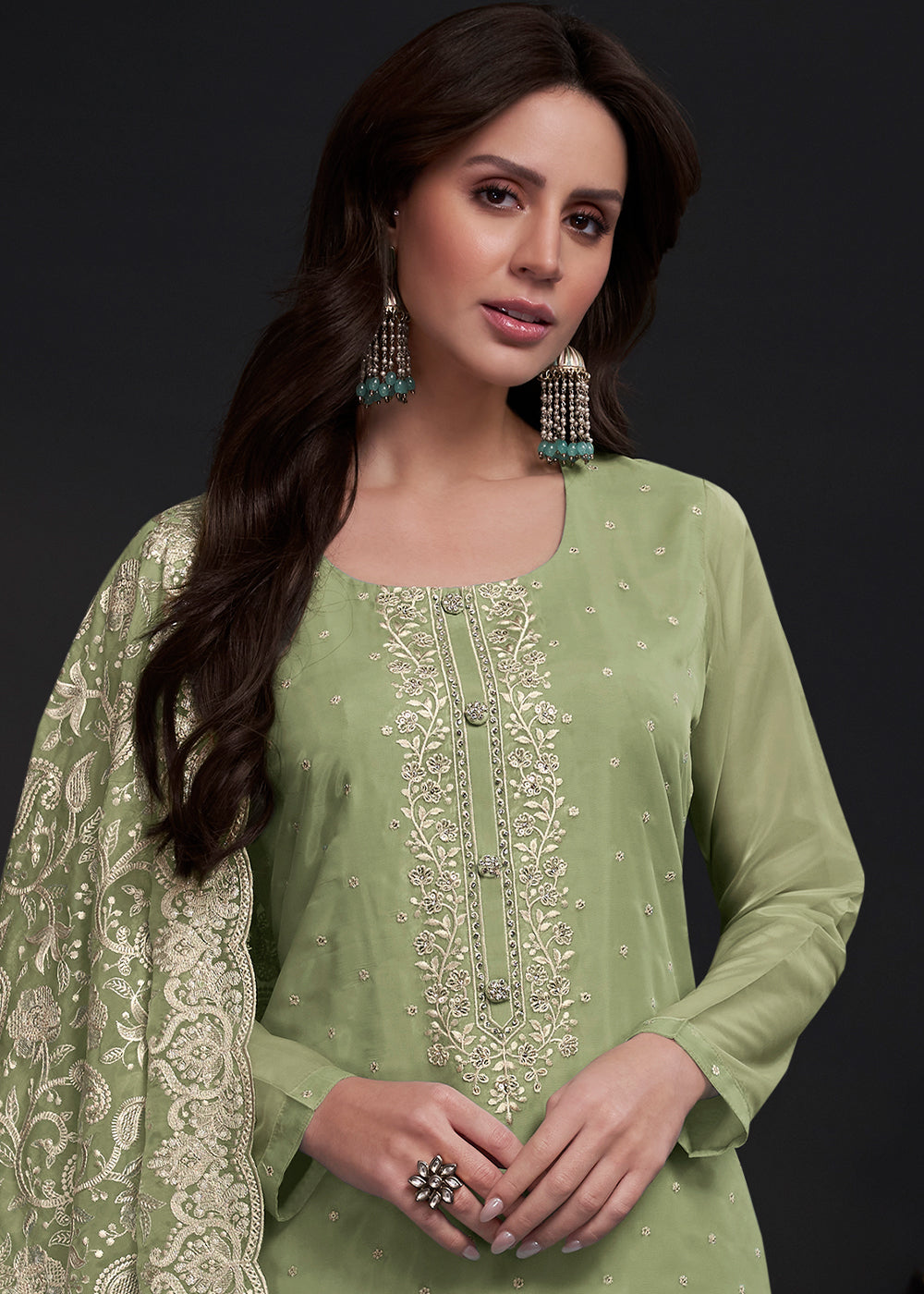 Pastel Green Designer Organza Salwar Suit with Embroidery Work By Qivii