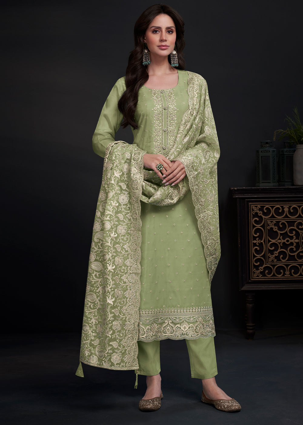 Pastel Green Designer Organza Salwar Suit with Embroidery Work By Qivii