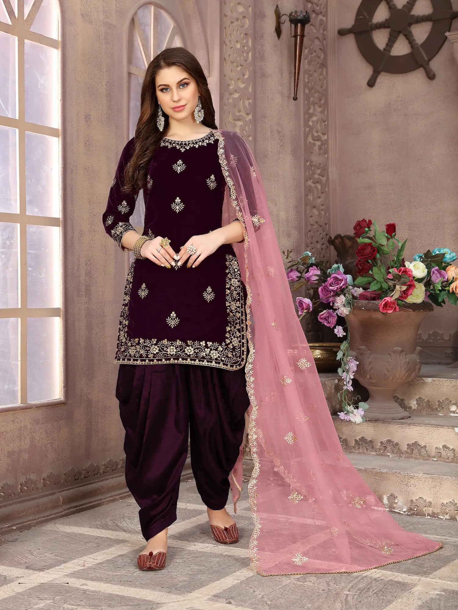 Wine Velvet Thread & Sequence Embroidery Work Salwar Suit - qivii