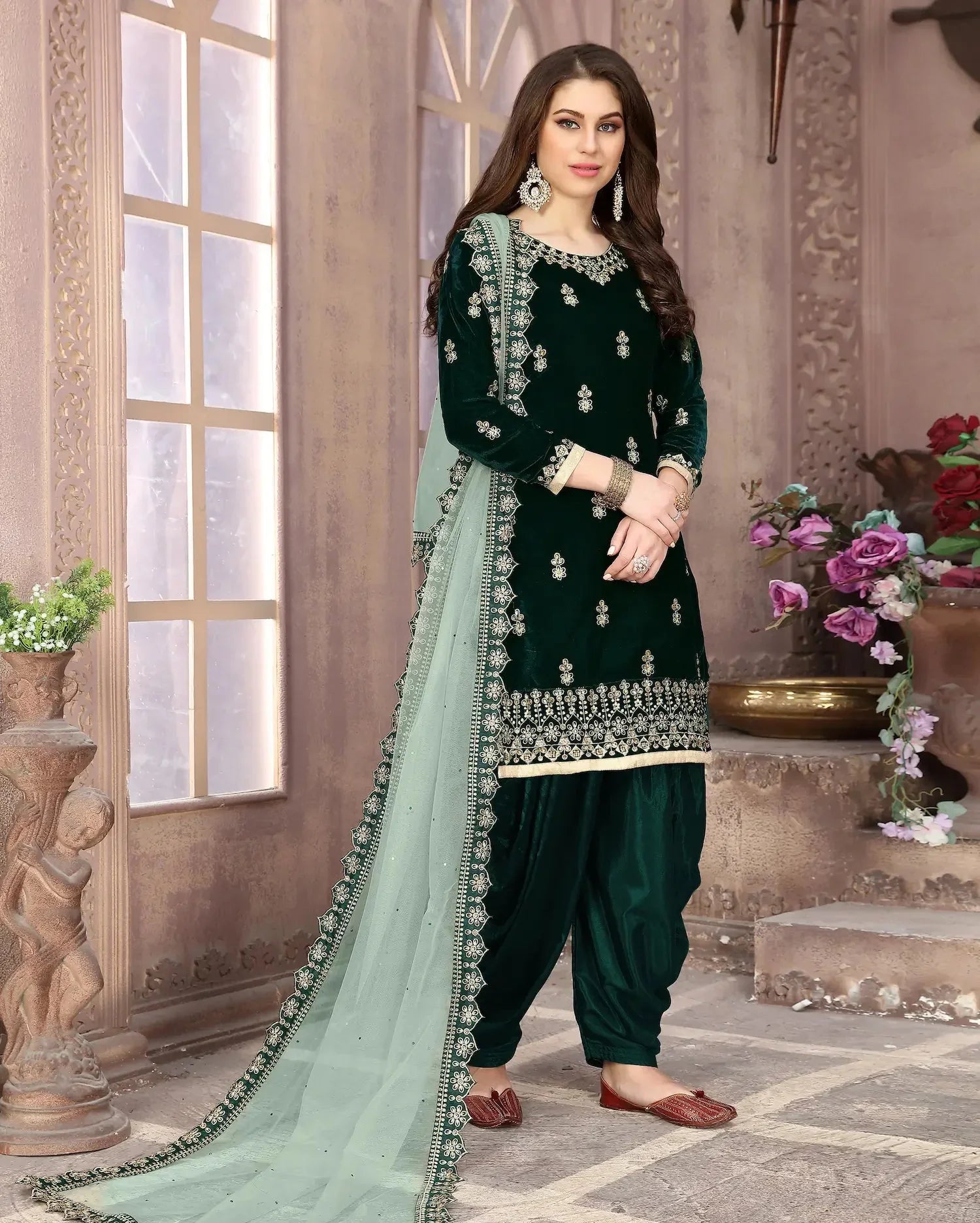 Green Velvet Thread & Sequence Embroidery Work Salwar Suit - qivii