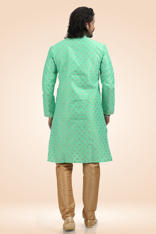 Men's Jacquard Banarasi Silk Pintux Work Kurta Pyjama In Green Color
