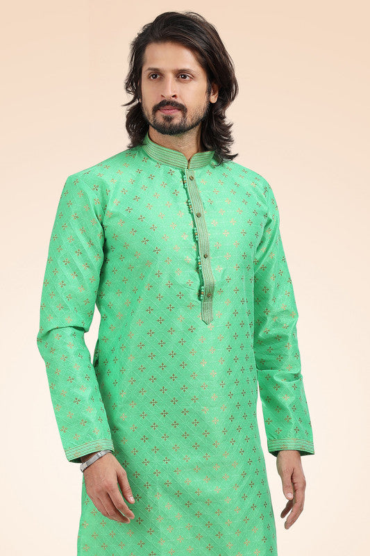 Men's Jacquard Banarasi Silk Pintux Work Kurta Pyjama In Green Color