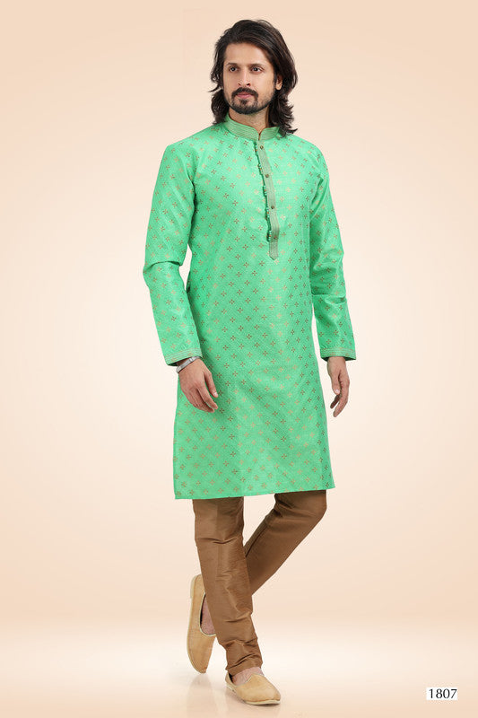 Men's Jacquard Banarasi Silk Pintux Work Kurta Pyjama In Green Color