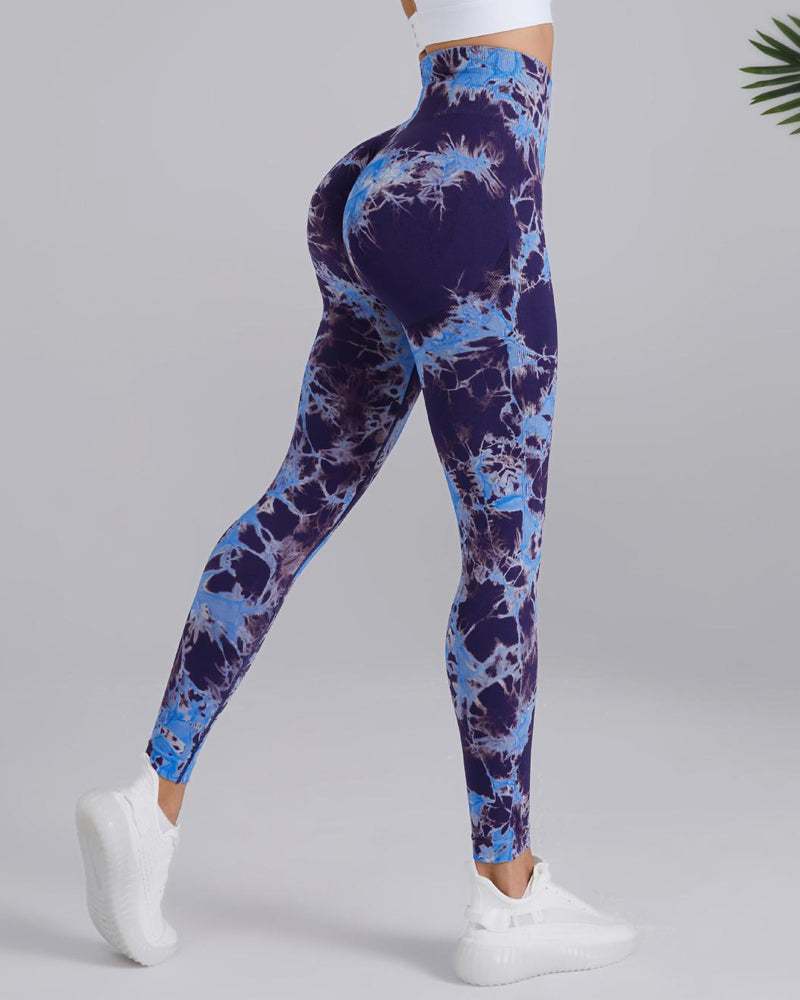 Seamless High Stretchy Tie Dye Scrunch Butt Lifting Wideband Waist Yoga Pants - By Qivii