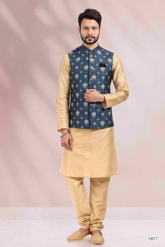 Men's Art Banarasi Silk Printed Work 3 Pics Jacket Set In Blue Colour