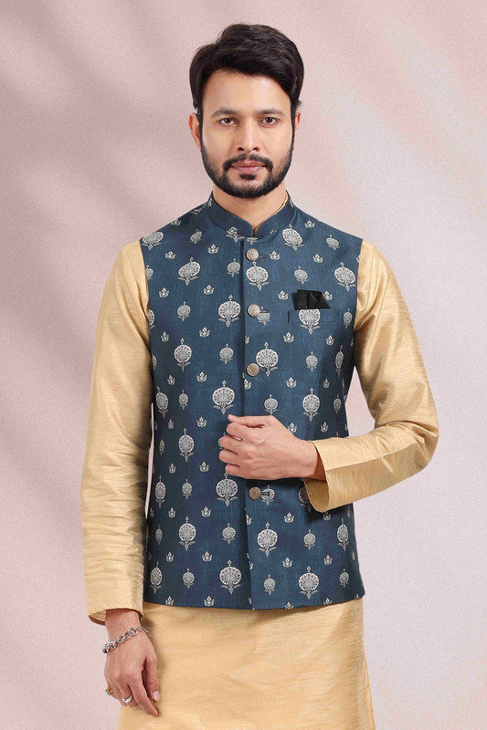 Men's Art Banarasi Silk Printed Work 3 Pics Jacket Set In Blue Colour
