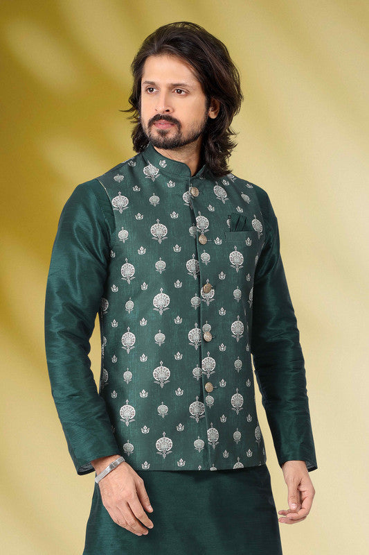 Men's Art Banarasi Silk Printed Work 3 Pics Jacket Set In Green Colour